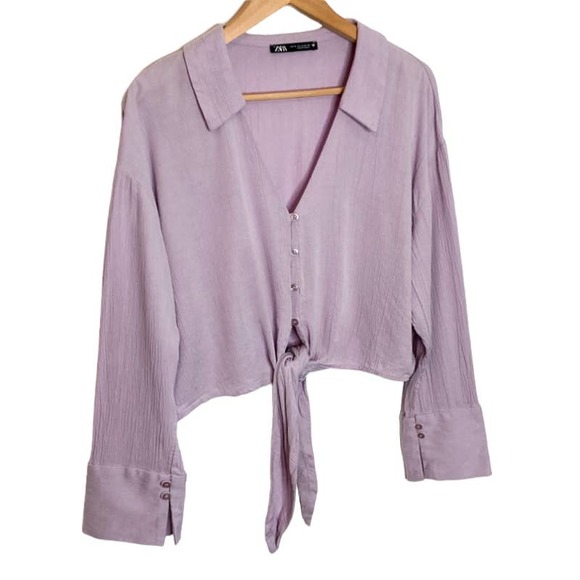 Zara Tops - Zara Lavender Long Sleeve Cropped Tie Front Top Size S